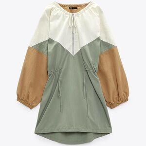Zara Long Sleeve Dress - Cream, Green, Tan